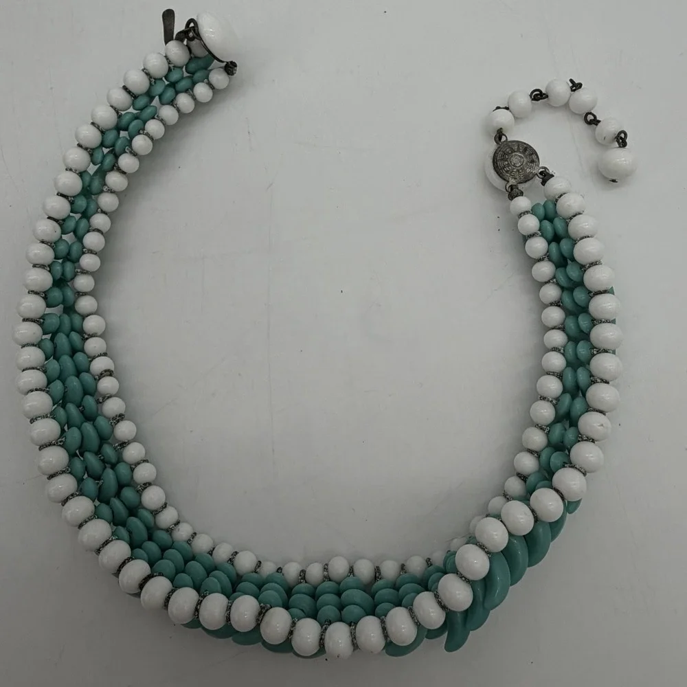 Vtg Haskell Era Turquoise Milk Glass Choker Necklace Hand Made Blue White Spiked